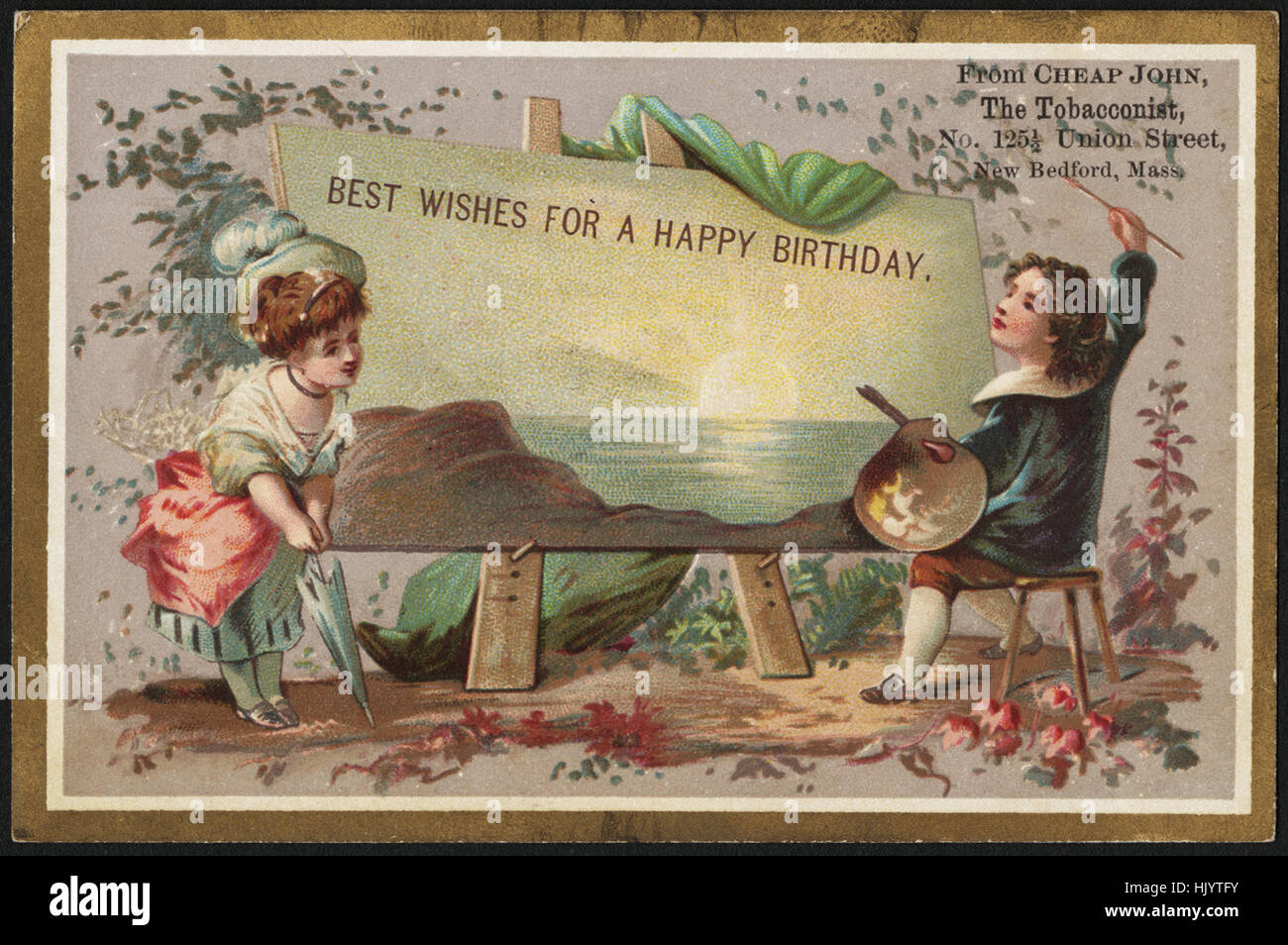 I migliori auguri per un felice compleanno. Da economico Giovanni, tabacchi, n. 5    Union Street, New Bedford, Mass. Foto Stock