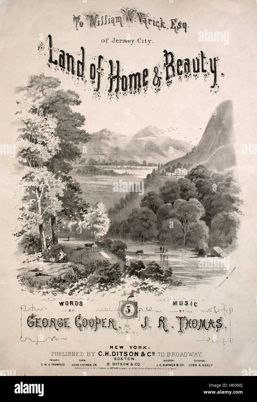 Foglio di musica immagine copertina della canzone "Terra di casa e bellezza', con paternitã originale lettura delle note "parole di George Cooper musica da JR Thomas', Stati Uniti, 1868. L'editore è elencato come 'C.H. Ditson e Co., 711 Broadway', la forma della composizione è 'strofico con chorus', la strumentazione è 'pianoforte e voce", la prima linea recita "terra di casa e bellezza, ev'rythought di te', e l'illustrazione artista è elencato come 'N.E. Lith. Stm. Pg. Co., Boston'. Foto Stock