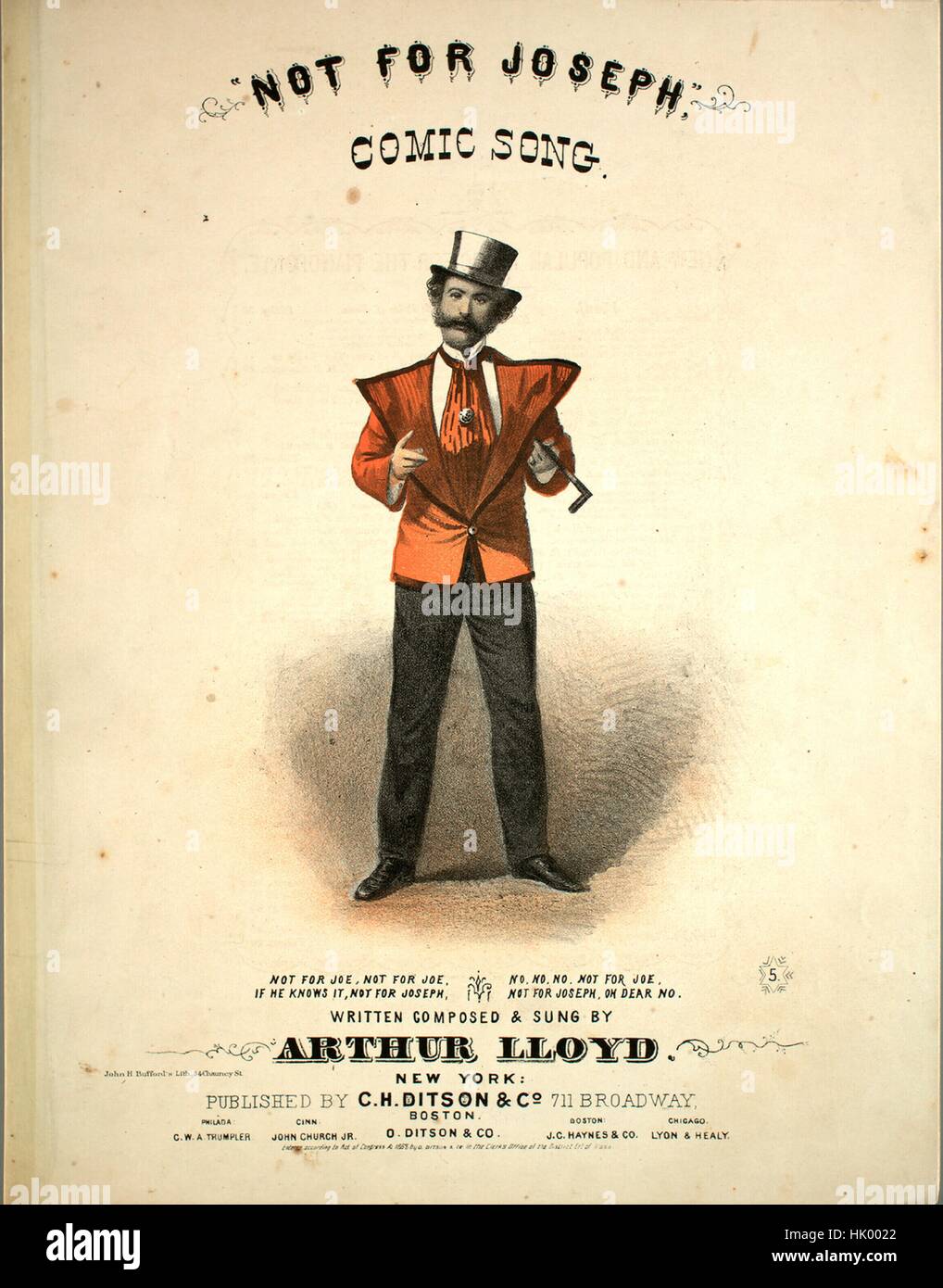 Foglio di musica immagine copertina della canzone " non per Giuseppe con parole aggiuntive', con paternitã originale lettura delle note "Arthur Lloyd', Stati Uniti, 1868. L'editore è elencato come 'C.H. Ditron e Co., 711 Broadway', la forma della composizione è 'strofico con chorus', la strumentazione è 'pianoforte e voce", la prima linea recita "Giuseppe Baxter è il mio nome, i miei amici tutti mi chiamano Joe', e l'illustrazione artista è elencato come 'John H. Bufford's Lith. 34 Chauncy San; Electrotyped da Smith e McDougal, 82 e 84 Beekman San, N.Y.". Foto Stock