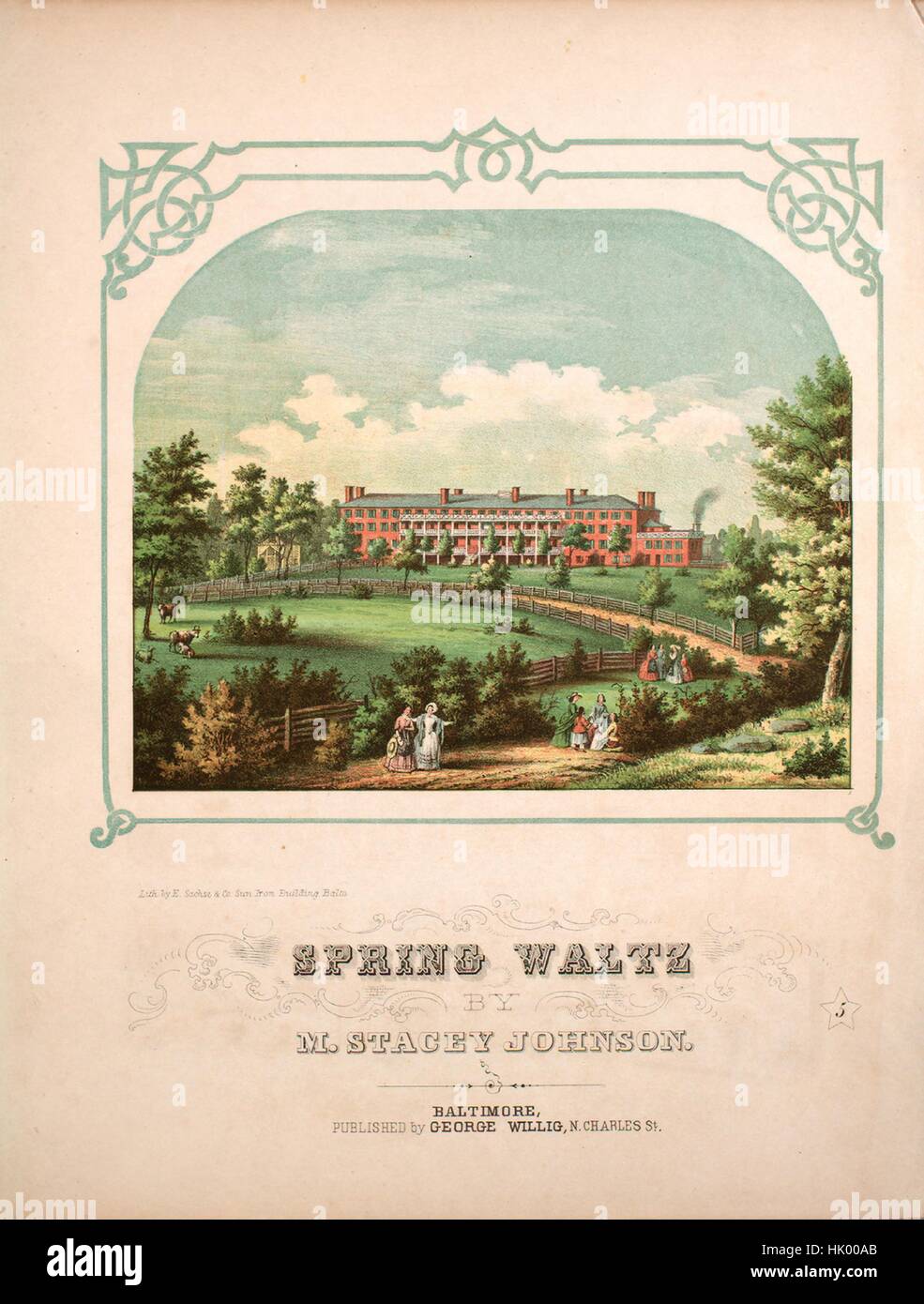 Foglio di musica immagine copertina della canzone 'Spring Waltz", con paternitã originale lettura delle note "da M Stacey Johnson', Stati Uniti, 1900. L'editore è elencato come 'George Willig, N. Charles St.', la forma della composizione è 'sectional', la strumentazione è 'piano', la prima riga indica 'Nessuno', e l'illustrazione artista è elencato come "lith. da E. Sachse e Co. Sun Iron Building Balto.". Foto Stock