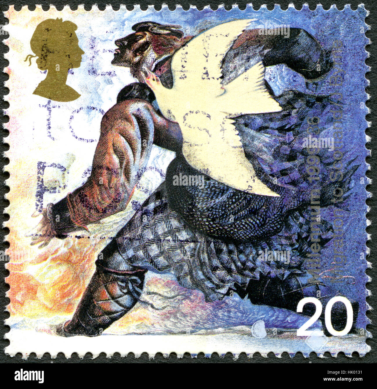 Gran Bretagna - circa 1999: un usato francobollo DAL REGNO UNITO, che commemora la migrazione alla Scozia, circa 1999. Foto Stock