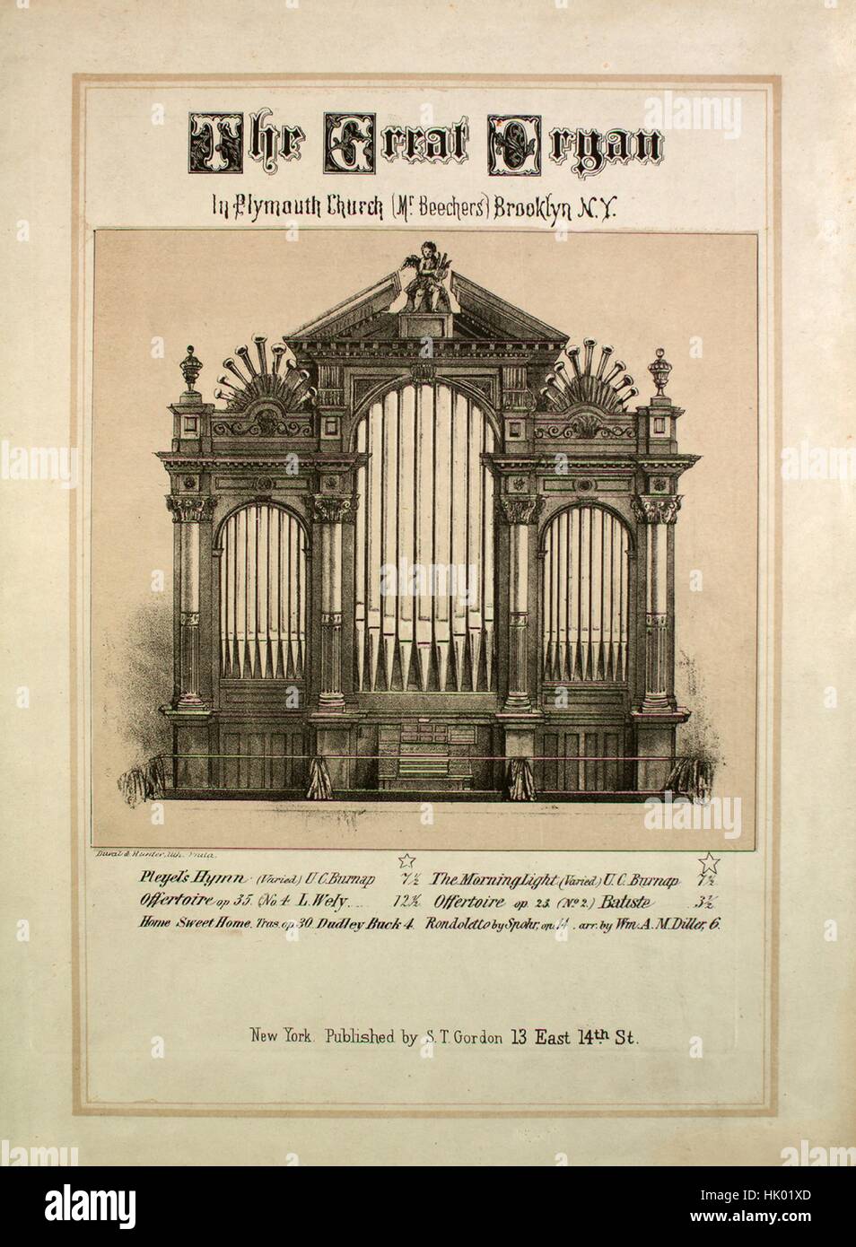 Foglio di musica immagine copertina della canzone "casa dolce casa" di trascrizione, con paternitã originale note leggere 'Dudley Buck, Op 30', Stati Uniti, 1868. L'editore è elencato come 'S.T. Gordon, 13 East 14th St.', la forma della composizione è 'sectional', la strumentazione è 'piano', la prima riga indica 'Nessuno', e l'illustrazione artista è elencato come 'Duval e cacciatore, lith. Phila. [Il grande organo nella chiesa Plymouth (Sig. Beechers) Brooklyn N.Y.]". Foto Stock