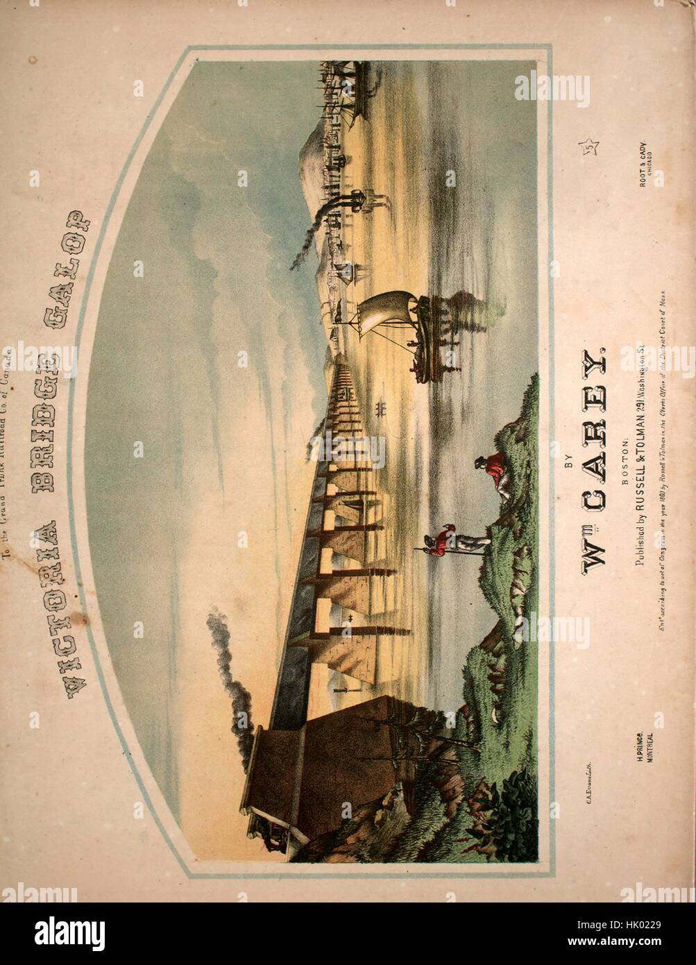 Foglio di musica immagine copertina della canzone 'Ponte Victoria o, Charivari Galop', con paternitã originale lettura delle note "Da Wm Carey', Stati Uniti, 1860. L'editore è elencato come 'Russell e Tolman, 291 Washington St', la forma della composizione è 'sectional, con un po' di testo, la strumentazione è 'pianoforte e voce", la prima linea recita "O vive l'amour sigari e cogniac Hurrah hurrah hurrah', e l'illustrazione artista è elencato come 'C.A. Evans Lith.". Foto Stock