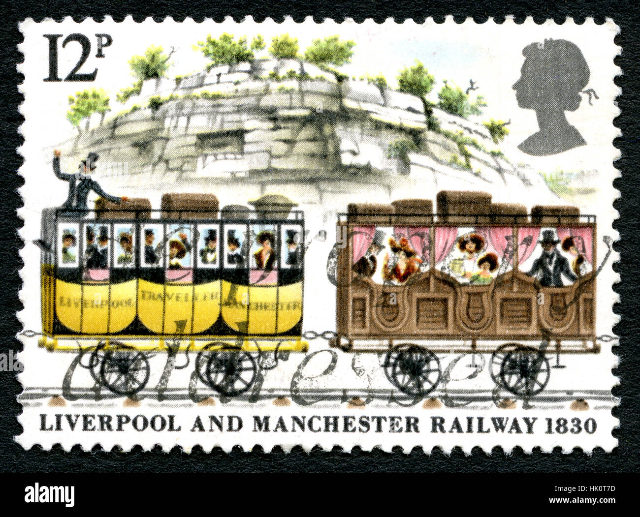 Regno Unito - circa 1980: un usato francobollo DAL REGNO UNITO, commemorando il Liverpool e Manchester ferroviaria che ha aperto nel 1830. Foto Stock