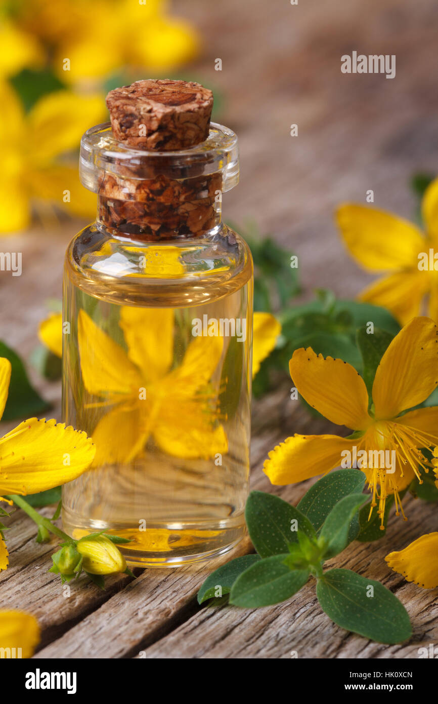 Olio dai fiori di iperico in una bottiglia di vetro verticale macro Foto Stock