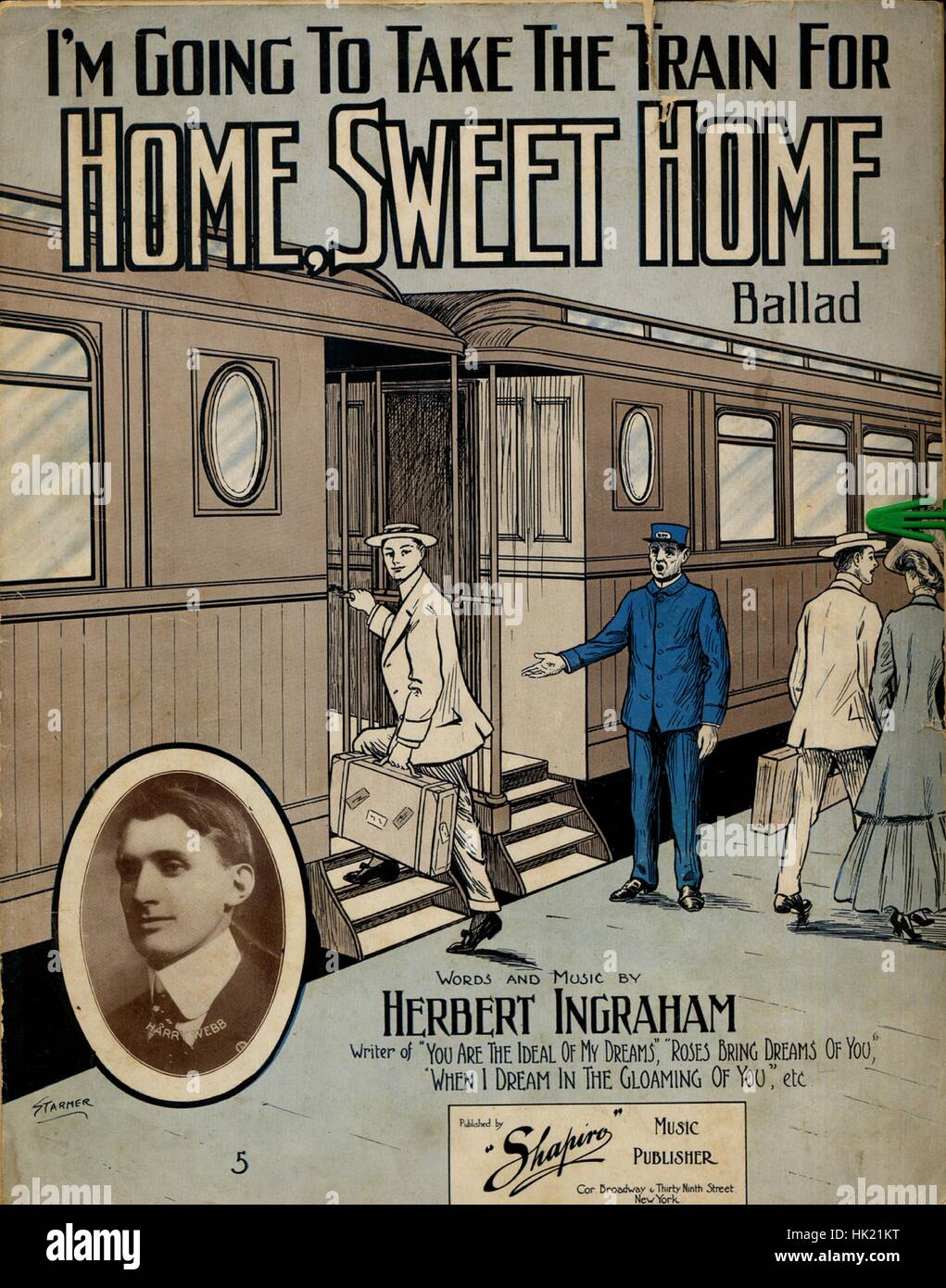 Foglio di musica immagine copertina della canzone "sto andando a prendere il treno per Casa dolce casa ballata', con paternitã originale lettura delle note "parole e musica da Herbert Ingraham', Stati Uniti, 1910. L'editore è elencato come 'hapiro, editore di musica, Cor. Broadway e trenta Ninth Street', la forma della composizione è 'strofico con chorus', la strumentazione è 'pianoforte e voce", la prima riga indica 'addio grande città, io sono tutte eseguite in giù, così, sto goin' lontano da qui', e l'illustrazione artista è elencato come 'tarmer [Canc.]; unattributed ritratto di Harry Webb'. Foto Stock