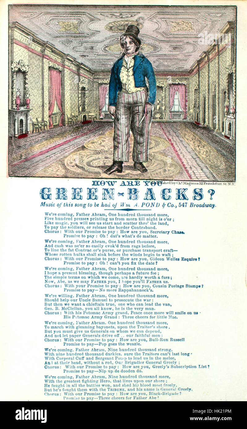 Foglio di musica immagine copertina della canzone 'Song foglio come stai Green-Backs?', con paternitã originale lettura delle note "na", Stati Uniti, 1900. L'editore è elencato come 'Carlo Magno, 12 Francoforte San', la forma della composizione è 'strofico con chorus', la strumentazione è "na", la prima linea recita "stiamo arrivando, Padre Abram, un centinaio di migliaia di uomini", e l'illustrazione artista è elencato come 'Nessuno'. Foto Stock