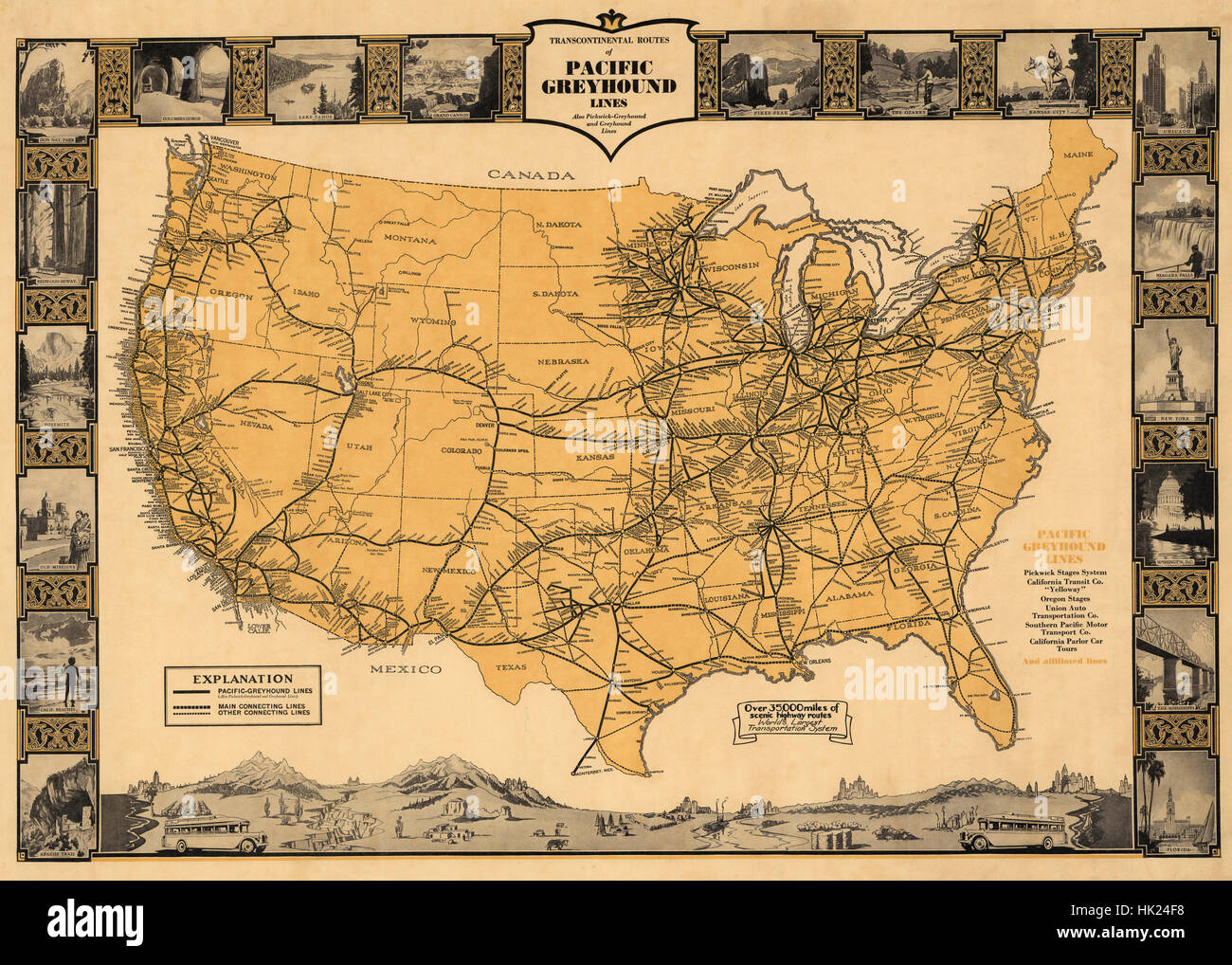 Greyhound Bus Linea mappa 1935 Foto Stock