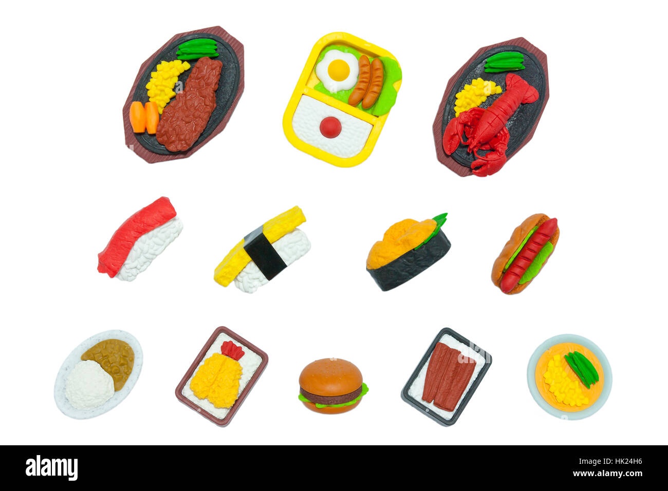 Americani e Giapponesi Rubber-Toy alimentare isolato su bianco Foto Stock