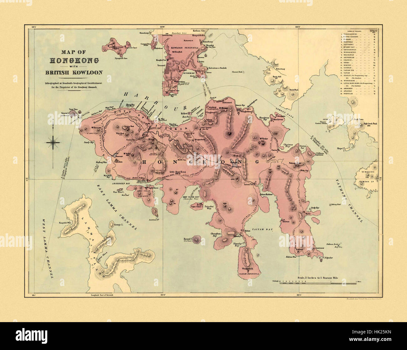 Mappa di Hong Kong 1888 Foto Stock