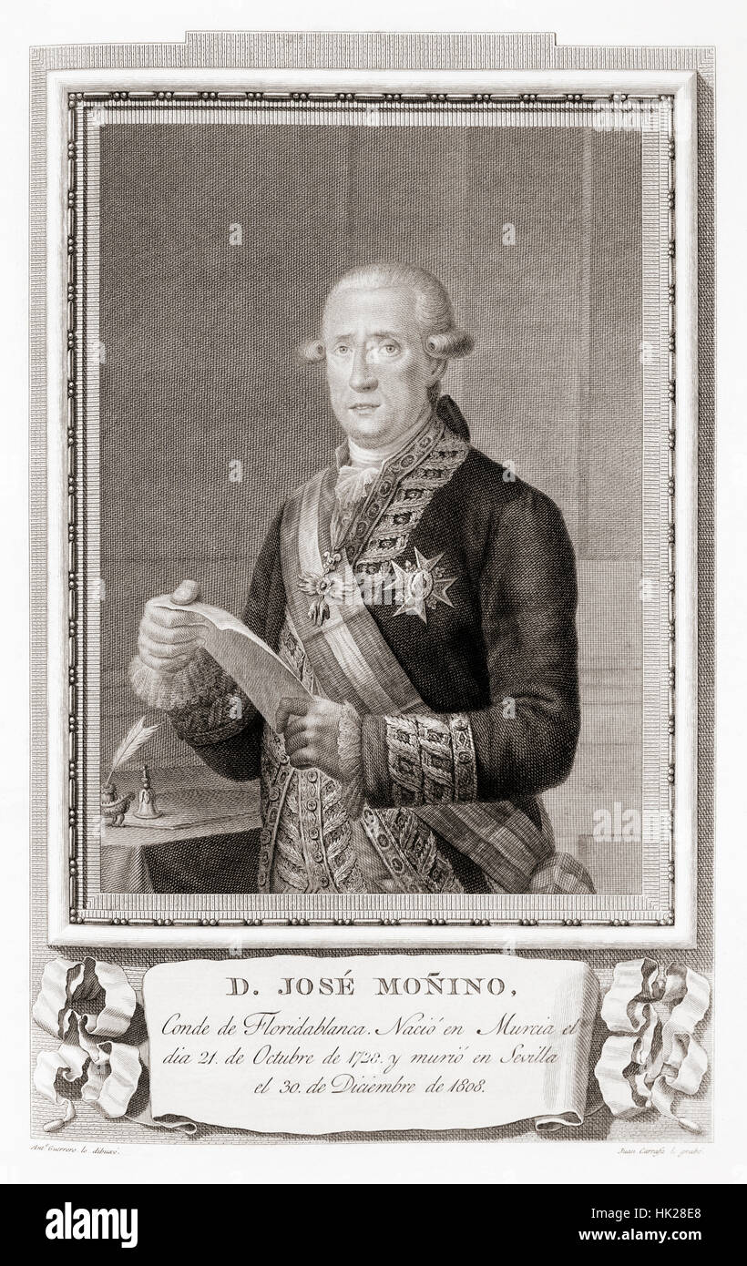 José Moñino y Redondo, Conde de Floridablanca, 1728 - 1808. Lo spagnolo più riformista e Chief Minister di Re Carlo III di Spagna. Dopo un attacco in Retratos de Los Españoles Ilustres, pubblicato Madrid, 1791 Foto Stock
