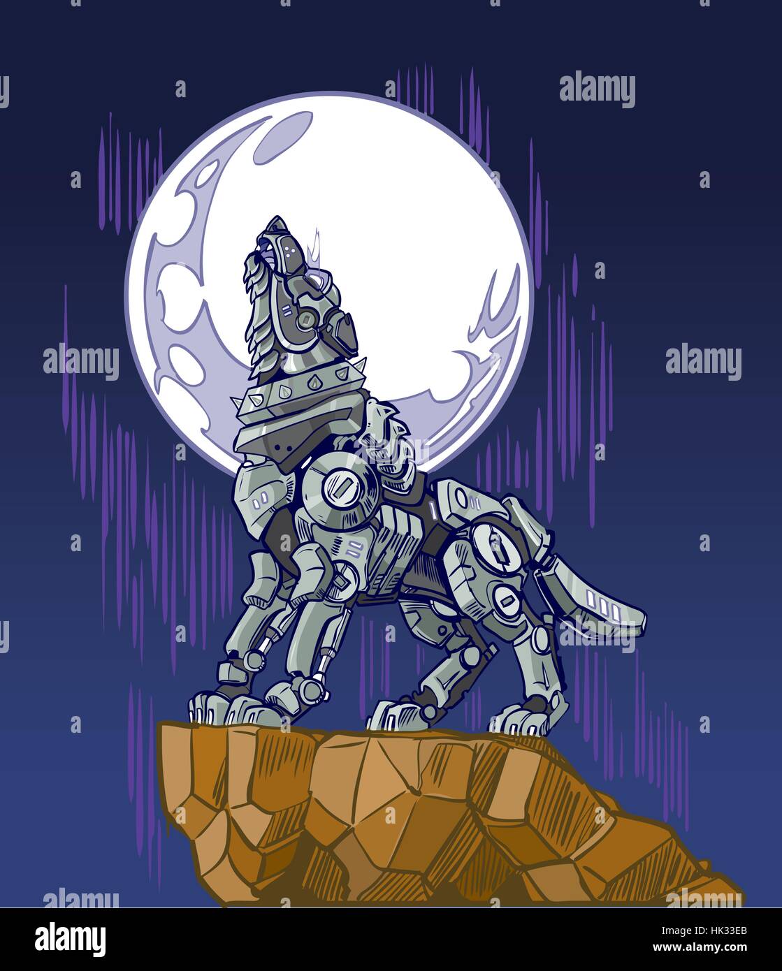 Vector cartoon clip art illustrazione di un robot meccanici wolf baying o ulula alla luna piena mentre in piedi su una scogliera. Illustrazione Vettoriale