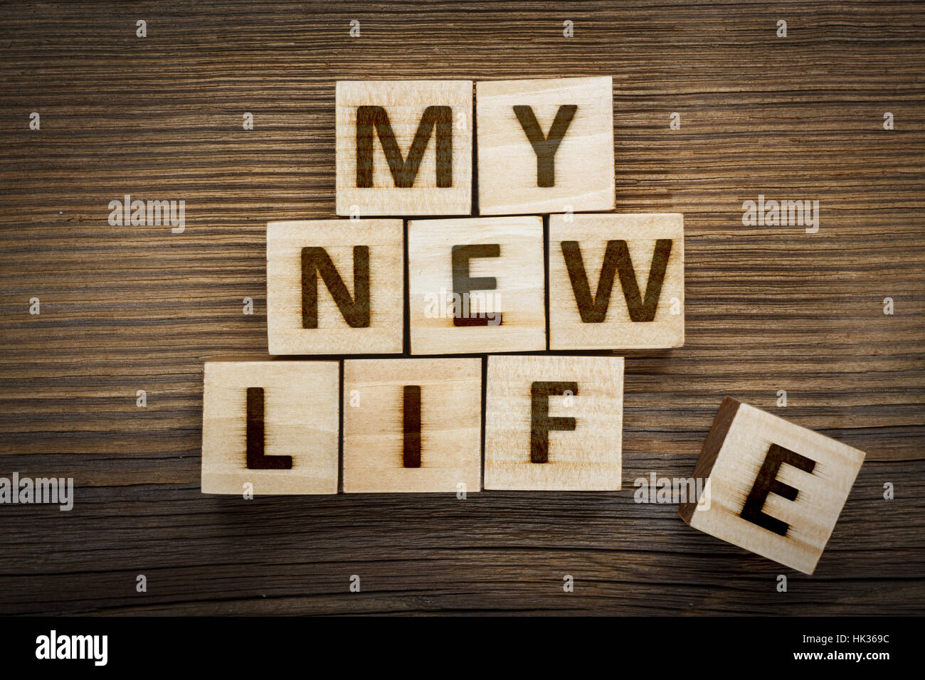 'My nuova vita' iscrizione sul fatto da blocchi di legno Foto Stock