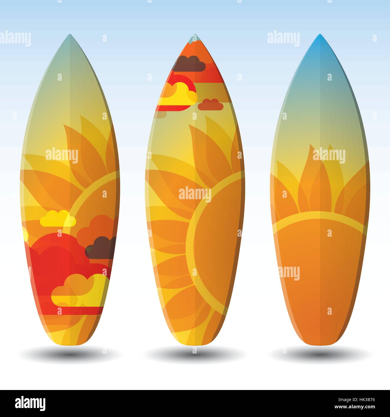 Set di astratta colorata in stile vintage sole estivo della tavola da surf in disegni di liberamente scalabile e in formato vettoriale modificabile Illustrazione Vettoriale