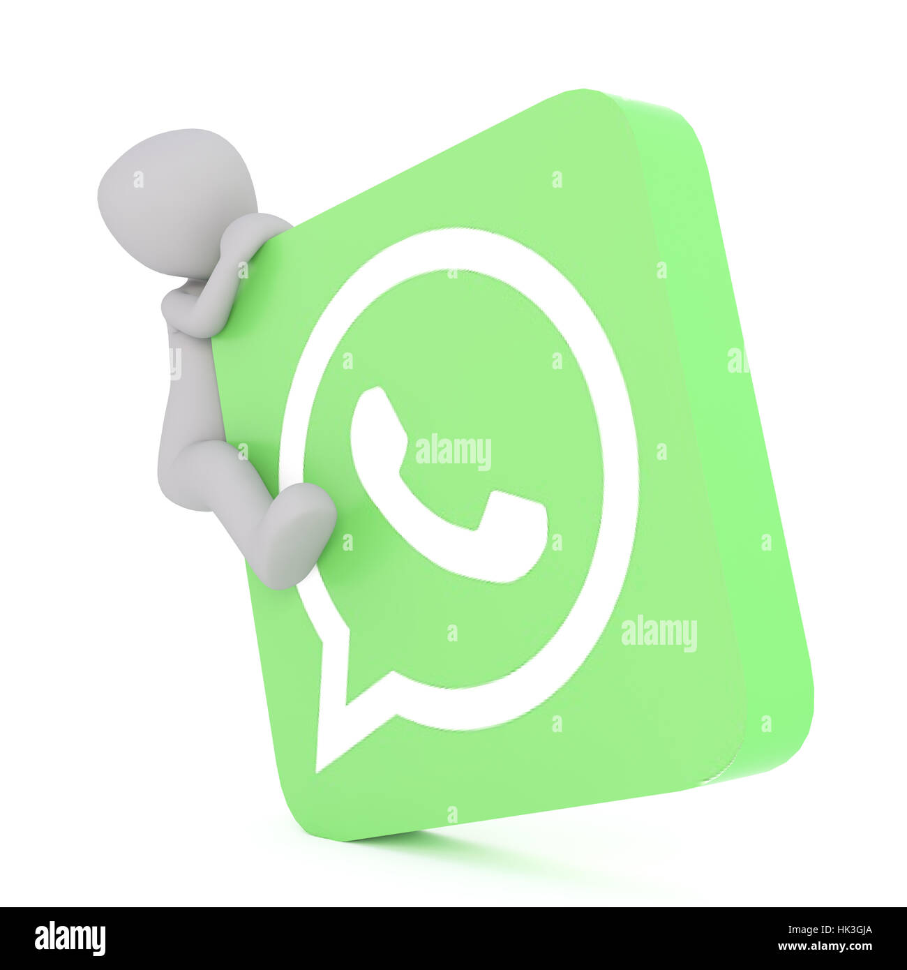 Piccolo lone 3D illustrato in figura si blocca su un'icona di colore verde brillante e dipinta con immagine del telefono Foto Stock