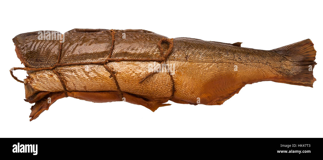 Marrone trunk affumicato un pesce su sfondo bianco Foto Stock