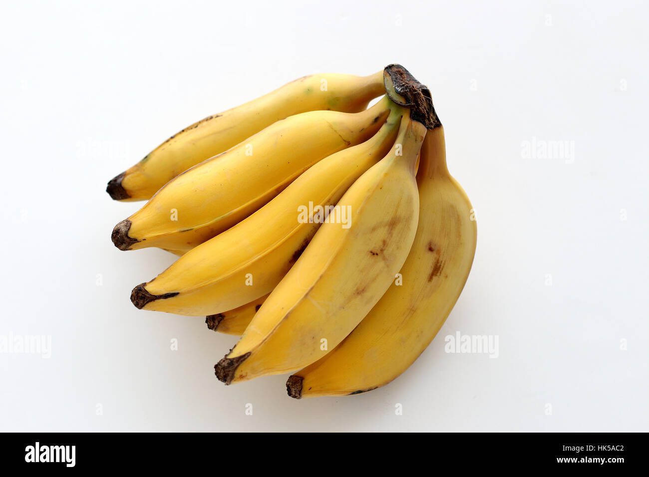Un mazzetto di Ducasse banane o noto come lo zucchero o le banane Musa acuminata isolati su sfondo bianco Foto Stock