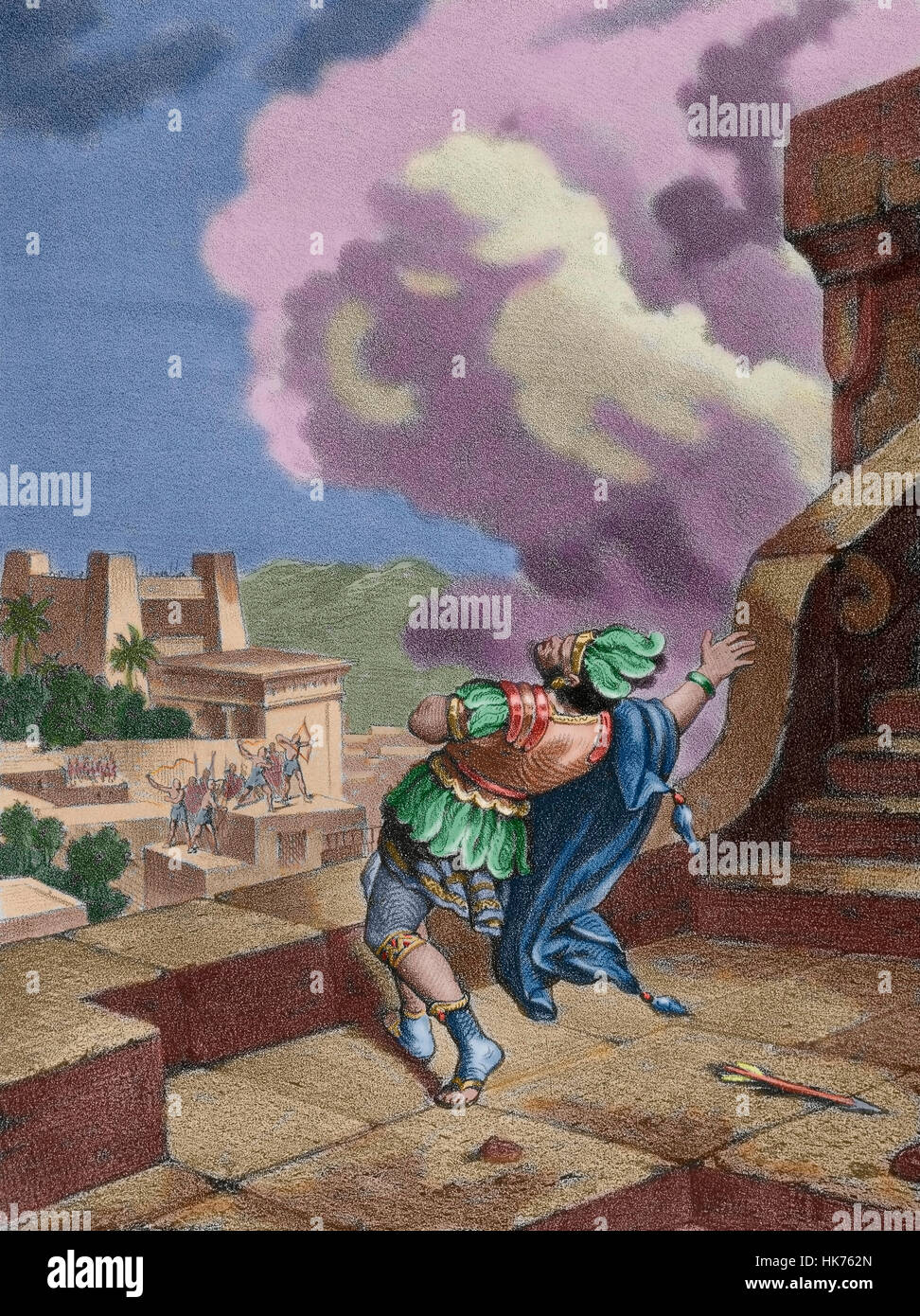 Moctezuma II (c. 1466-1520). Nona tlatoani o righello di Tenochtitlan. Regno, 1502 a 1520. La morte di Moctezuma II. Esistono diverse versioni di questo fatto dato da diverse fonti. Come Bernal del Castillo dice, lo spagnolo costretto Moctezuma a comparire sul balcone del suo palazzo, facendo appello ai suoi concittadini a ritirarsi. Le persone erano sconvolti dal loro imperatore della complicità e conciati lui con rocce e freccette. Morì di un breve periodo di tempo dopo che la. Questa versione è che cosa è mostrata in questa immagine. Incisione, 1875. Colorati. Foto Stock