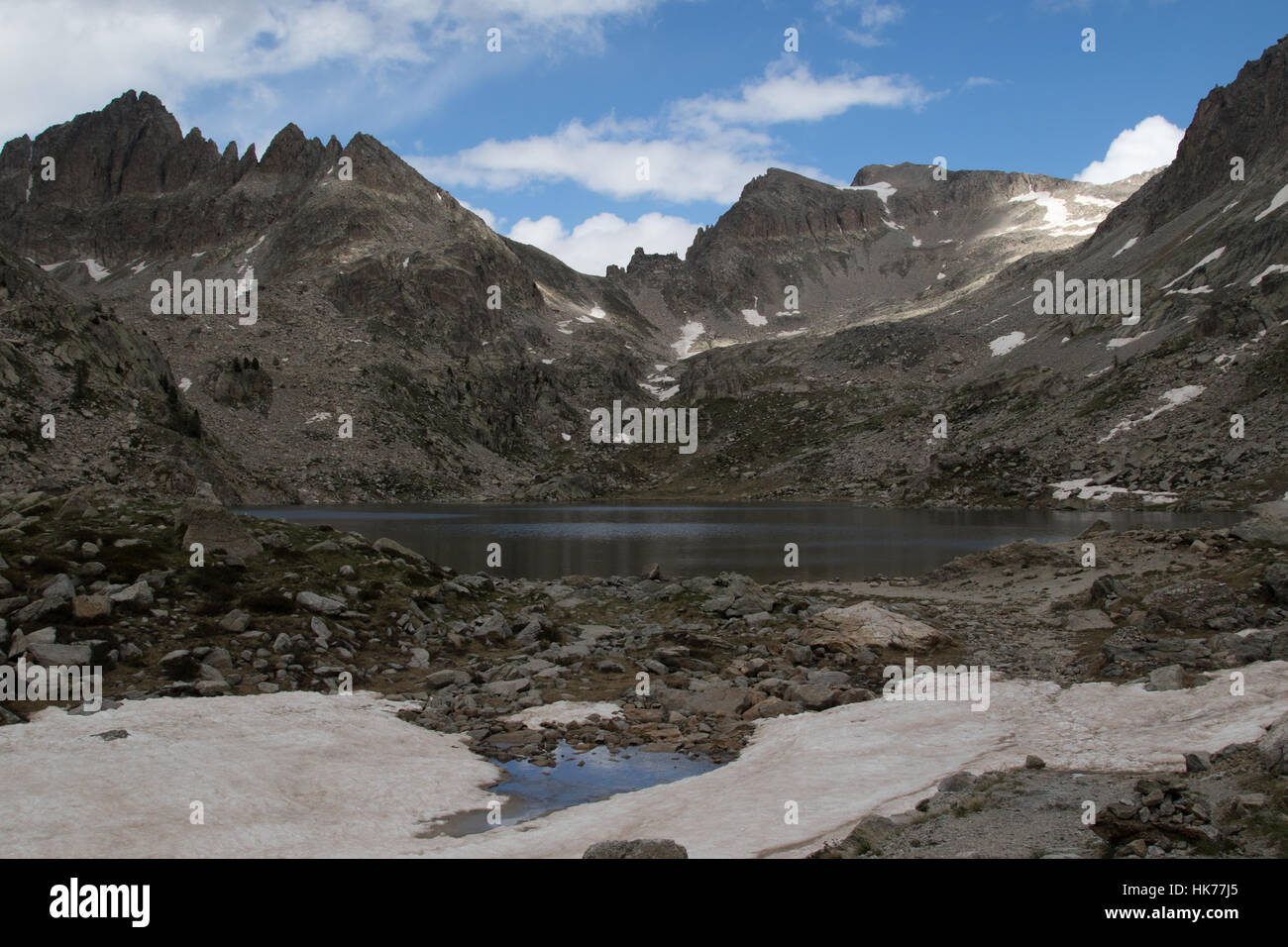 Lago alpino al di sopra della linea di albero in alta montagna del Parco Nazionale del Mercantour, Francia in giugno Foto Stock