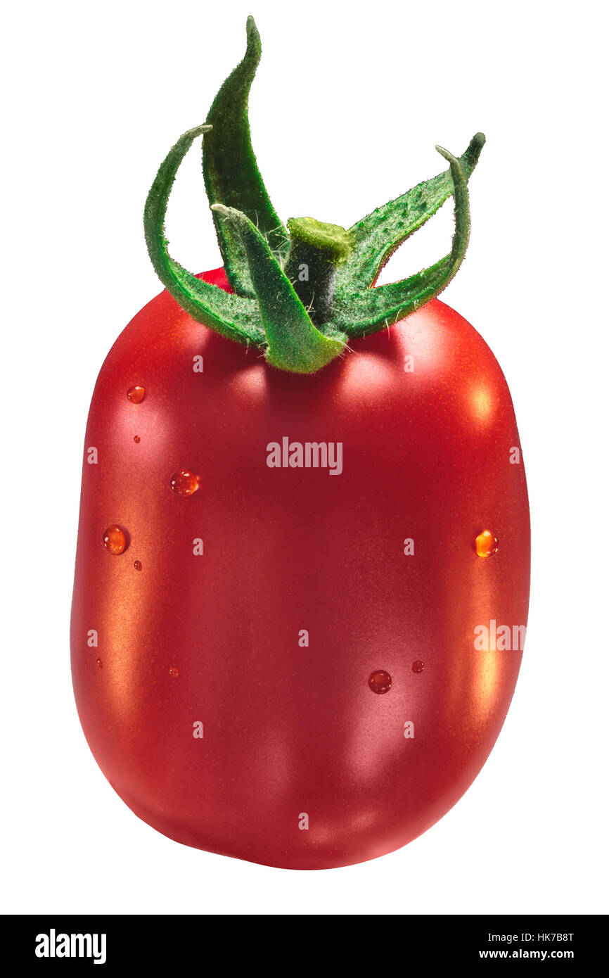 Prugna fresca Roma elaborazione VF (pomodoro Solanum lycopersicum), con sepalo, verticale. Percorso di clipping, shadowless Foto Stock