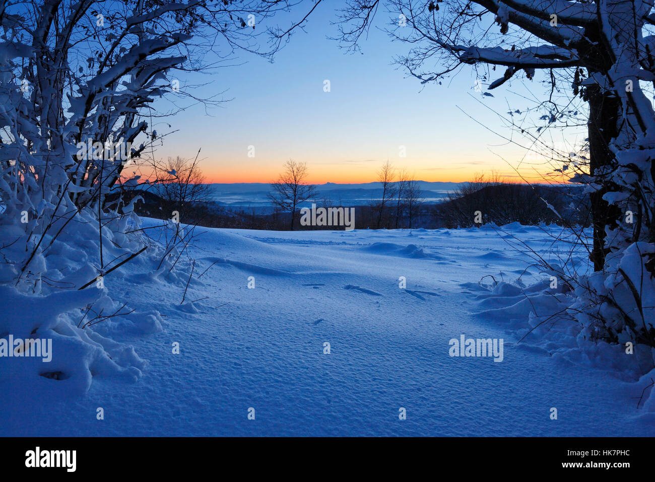 Tramonto in inverno, il paesaggio della natura Foto Stock