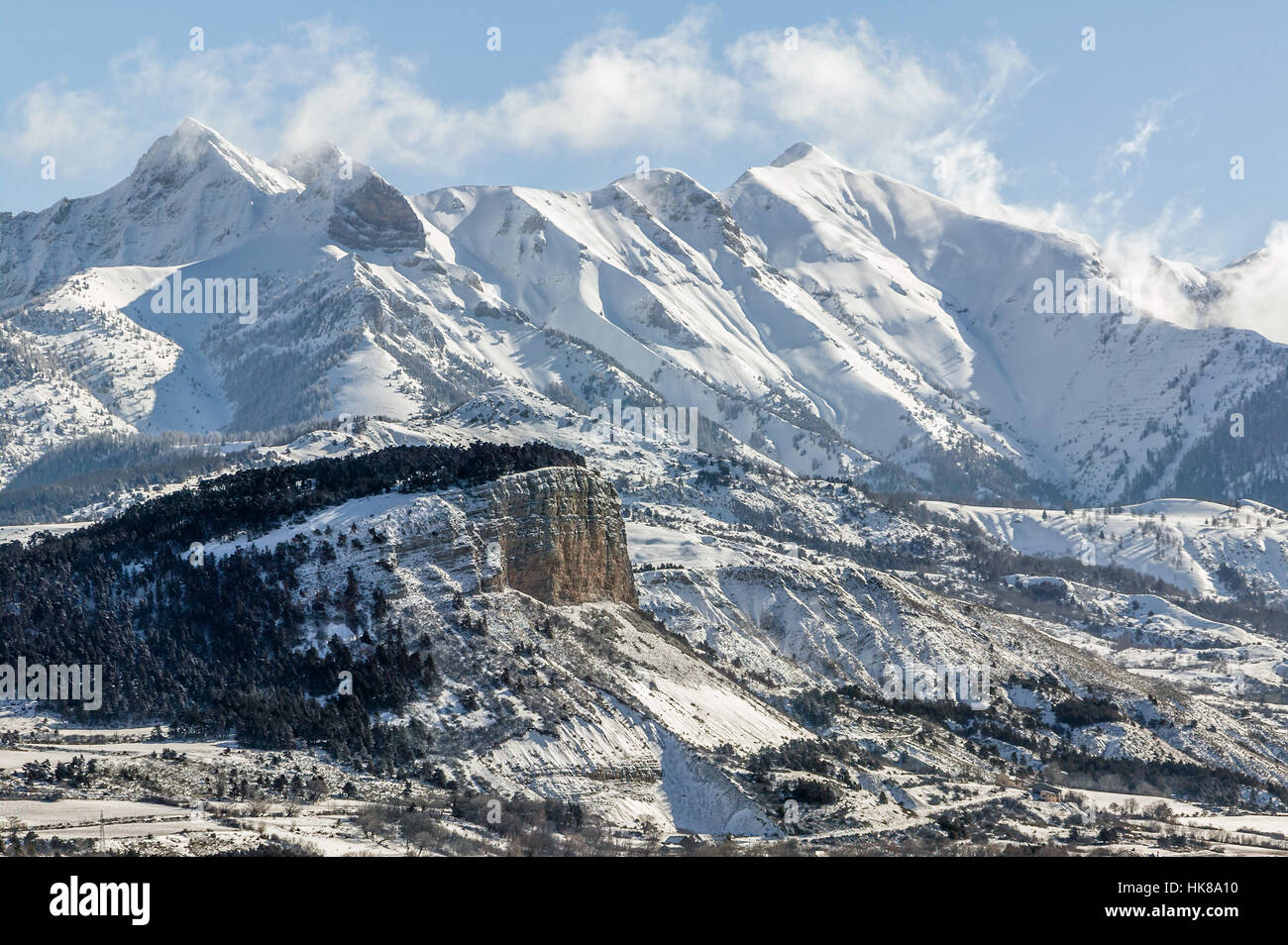 La mattina presto in luce il Chapeau de Napoleone con l'Arche, Petite Aiguille e Piolit picchi. Hautes-Alpes, alpi, Francia Foto Stock