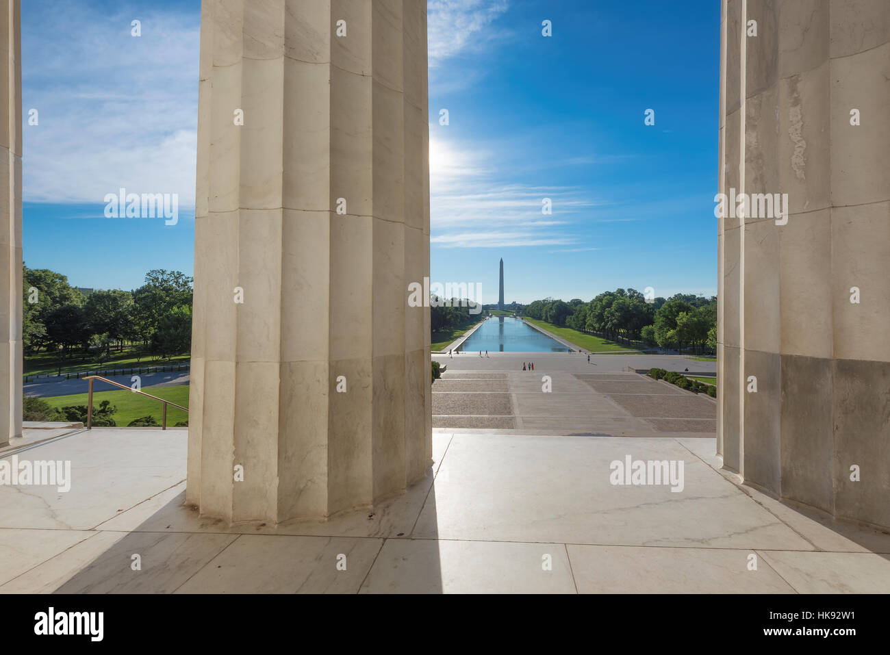 Il Monumento a Washington dal Lincoln Memorial di mattina presto. Foto Stock