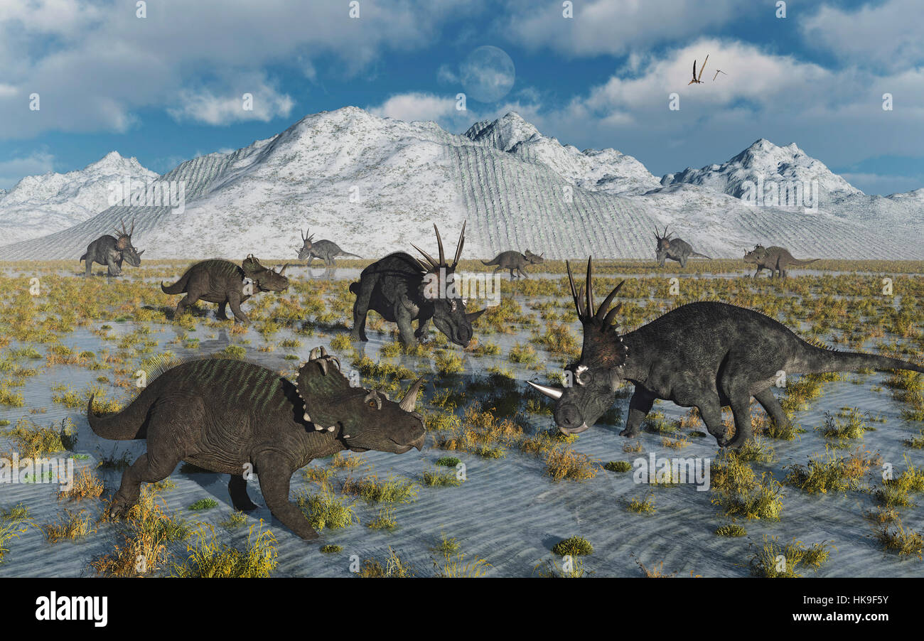 Una mandria mista di Styracosaurus & Centrosaurs dinosauri. Foto Stock
