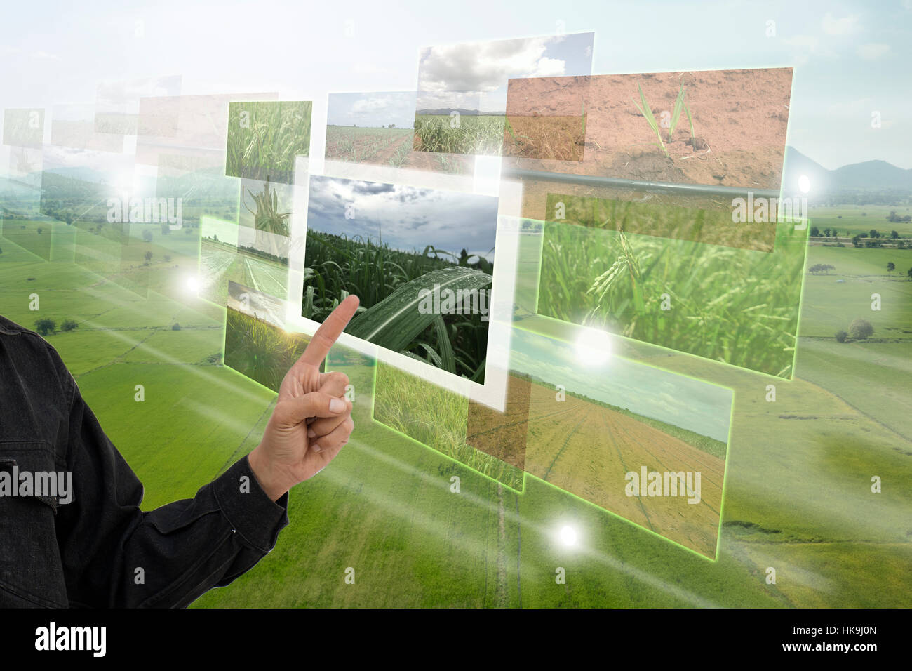 Internet delle cose(l'agricoltura concetto),smart farming,l'agricoltura industriale.Il Contadino PUNTO mano Per utilizzare la realtà aumentata la tecnologia per il controllo del monitor , Foto Stock