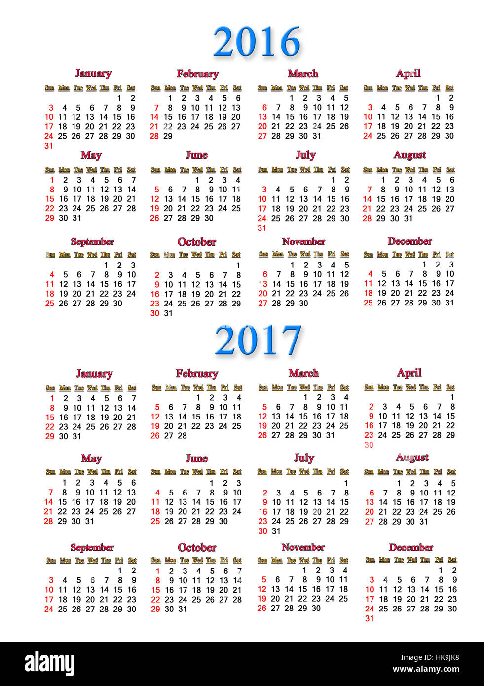 Calendario per il 2016 e 2017 anni sullo sfondo bianco Foto Stock