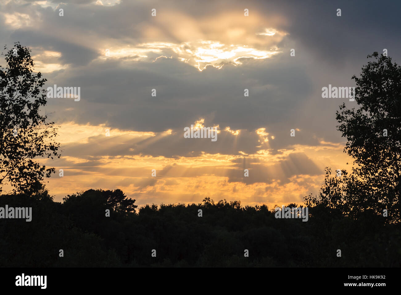 I raggi di luce del sole da dietro le nuvole al tramonto Foto Stock