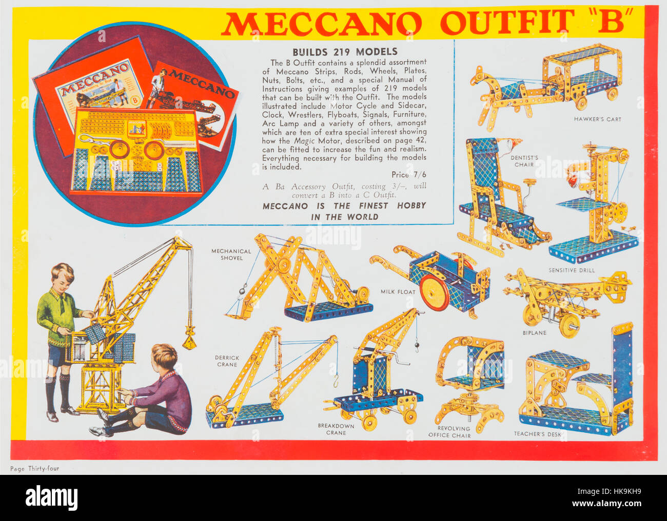 Una pagina da un 1940s Hornby Meccano catalogo. Foto Stock