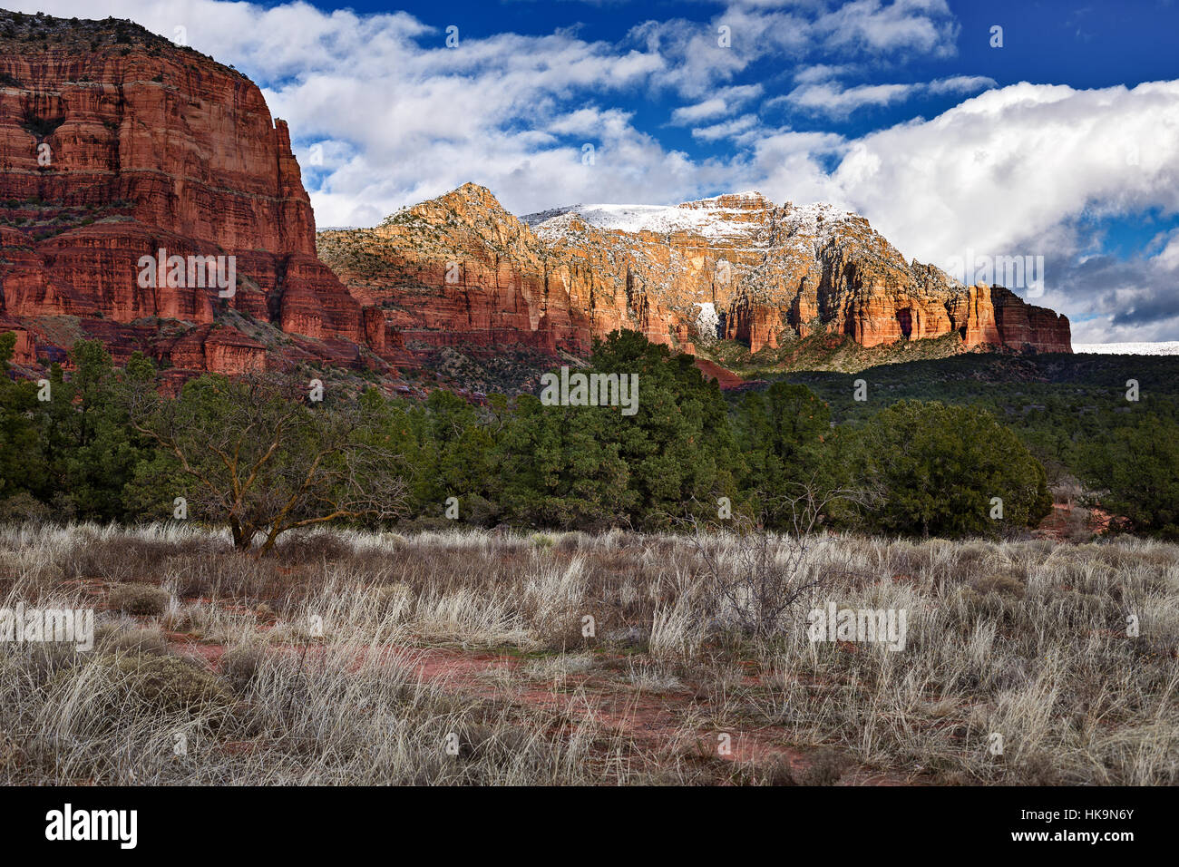 Neve sulle rocce rosse a Sedona, Arizona, USA Foto Stock