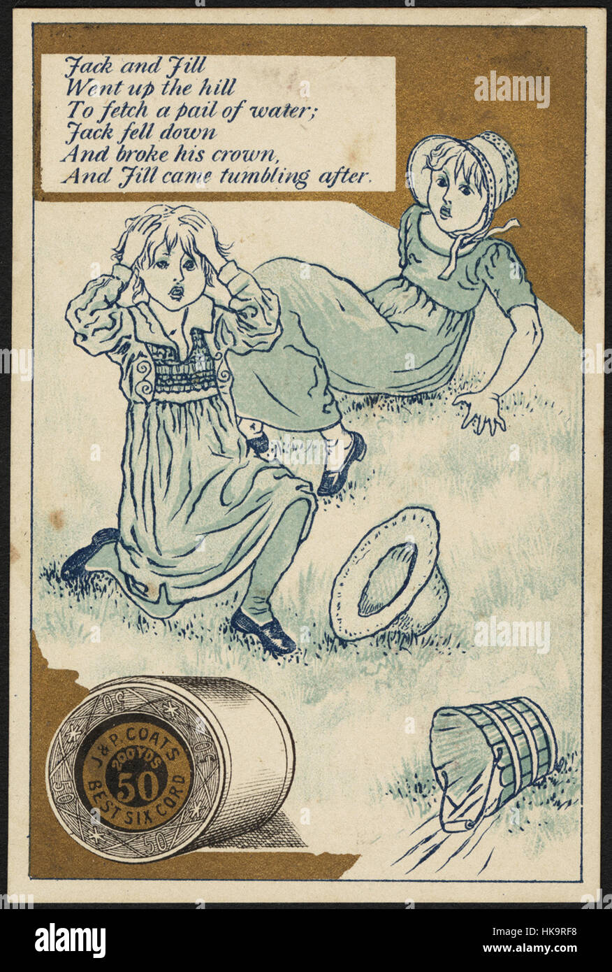 Jack e Jill andò su per la collina per recuperare un secchio di acqua; Jack caduto e ha rotto la sua corona, e Jill è venuto tumbling dopo. Foto Stock
