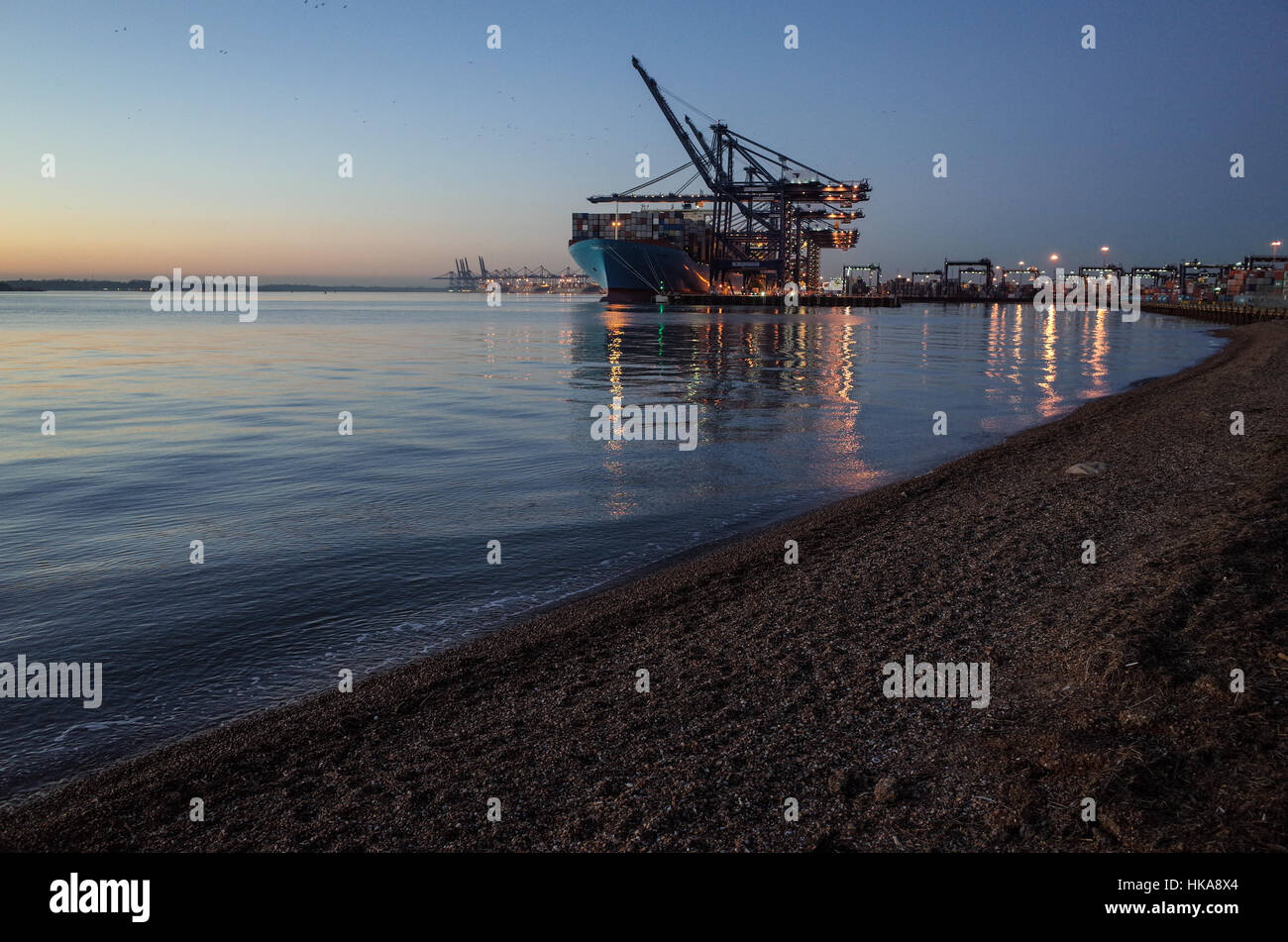 Porto di Felixstowe Commercio Internazionale Regno Unito - Le navi vengono caricate e scaricate al tramonto a Felixstowe, Regno Unito il contenitore più grande porto. Foto Stock