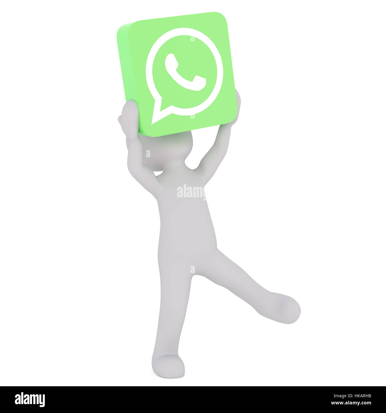 La figura di grigio volto 3d uomo Con messenger verde icona di applicazione sopra la sua testa di bilanciamento, rendere isolati su sfondo bianco Foto Stock