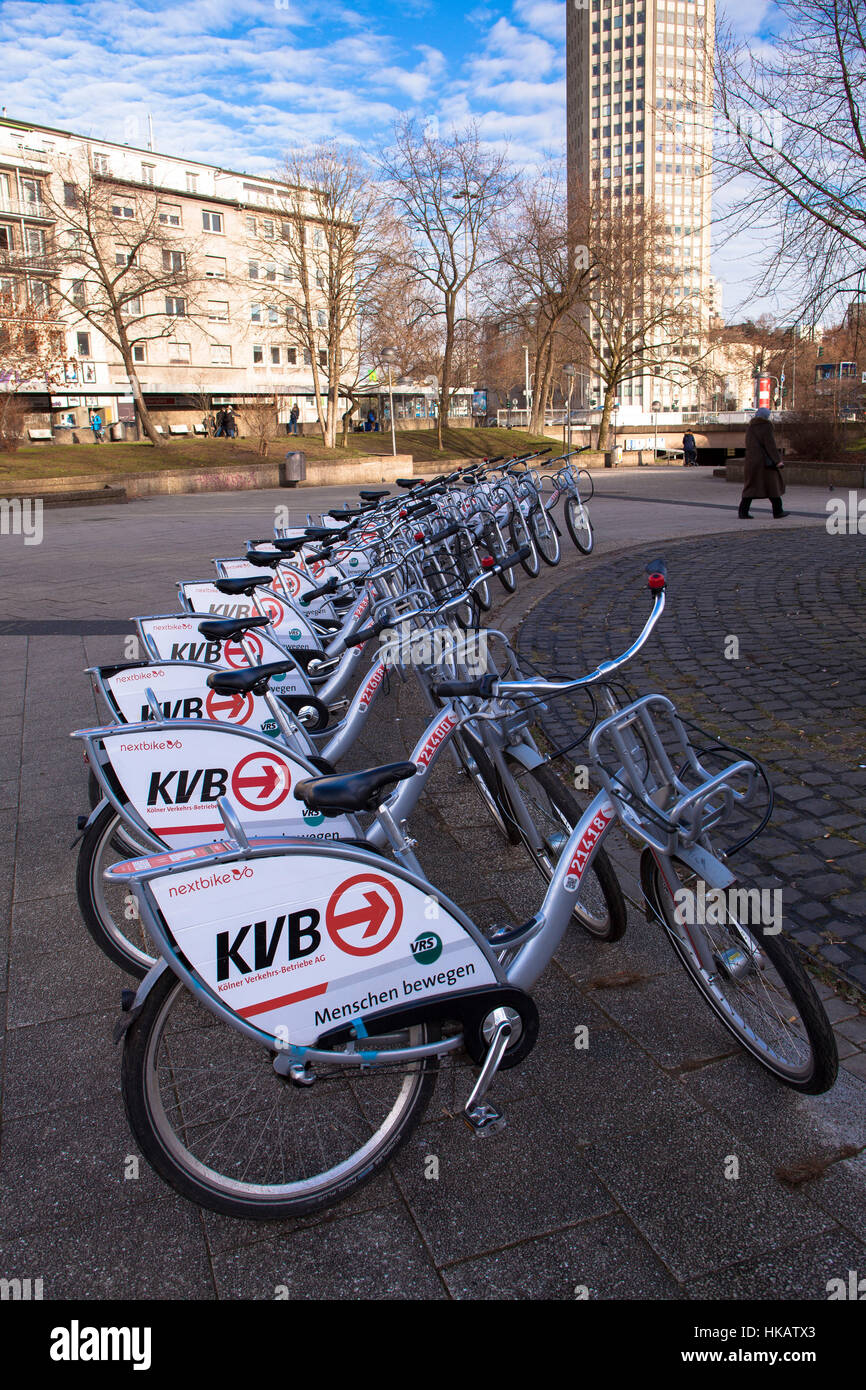 Germania, Colonia, biciclette a noleggio della società Koelner Verkehrsbetriebe KVB (Colonia azienda di trasporto pubblico) Foto Stock