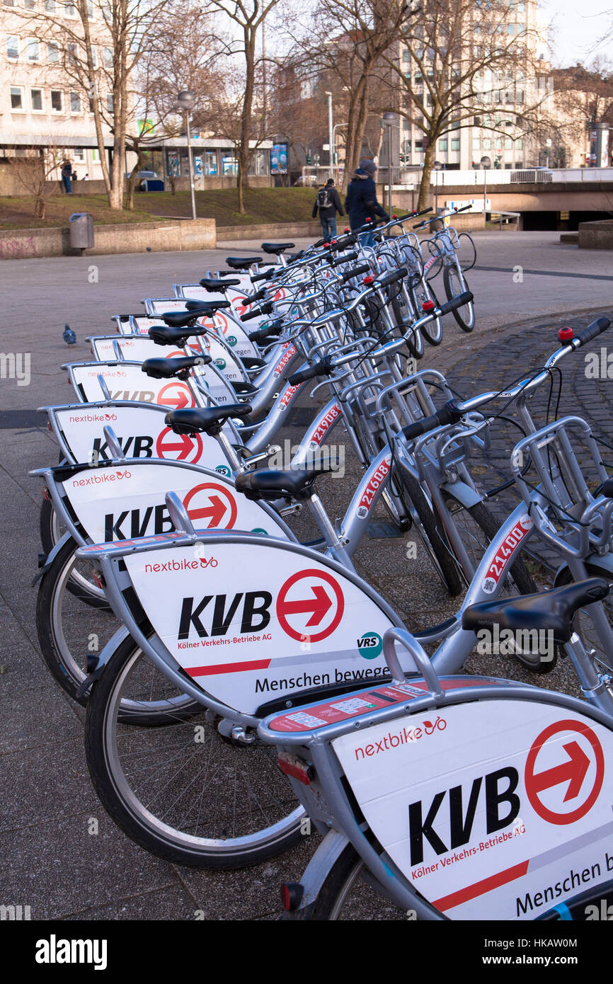 Germania, Colonia, biciclette a noleggio della società Koelner Verkehrsbetriebe KVB (Colonia azienda di trasporto pubblico) Foto Stock