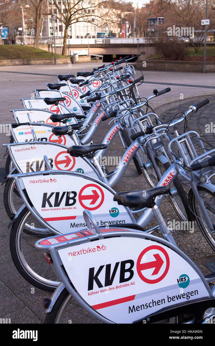 Germania, Colonia, biciclette a noleggio della società Koelner Verkehrsbetriebe KVB (Colonia azienda di trasporto pubblico) Foto Stock