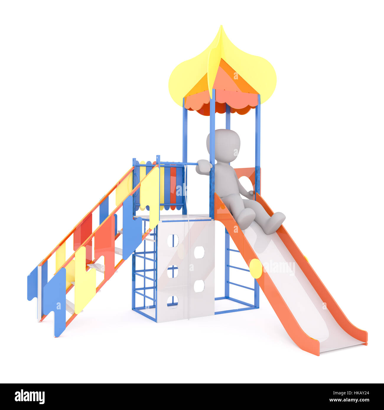 Generic 3d reso infantili personaggio dei fumetti scivolare giù scorrere sul Parco Giochi di fronte a uno sfondo bianco Foto Stock