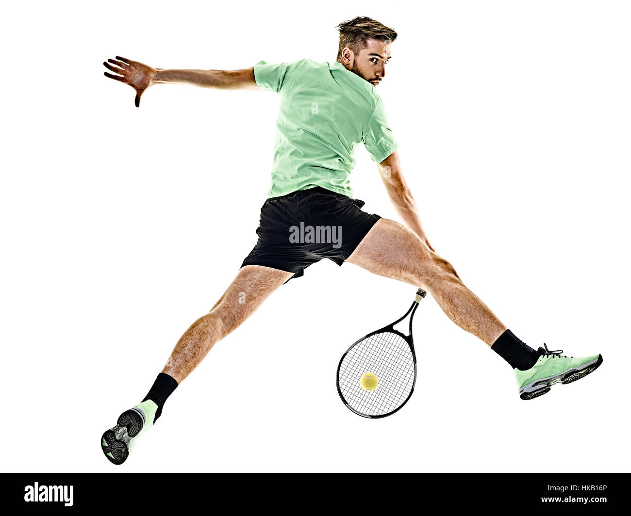 Un uomo caucasico giocando a tennis player isolati su sfondo bianco Foto Stock