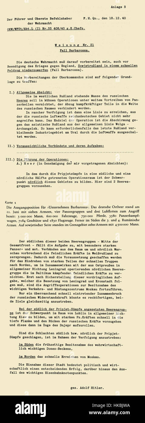 *Weisung Nr. 21* è un documento storico tedesco, spesso legato a ordini militari o amministrativi dell'inizio del XX secolo. Questa opera o manoscritto riflette la natura formale della comunicazione governativa e militare durante questo periodo. Foto Stock