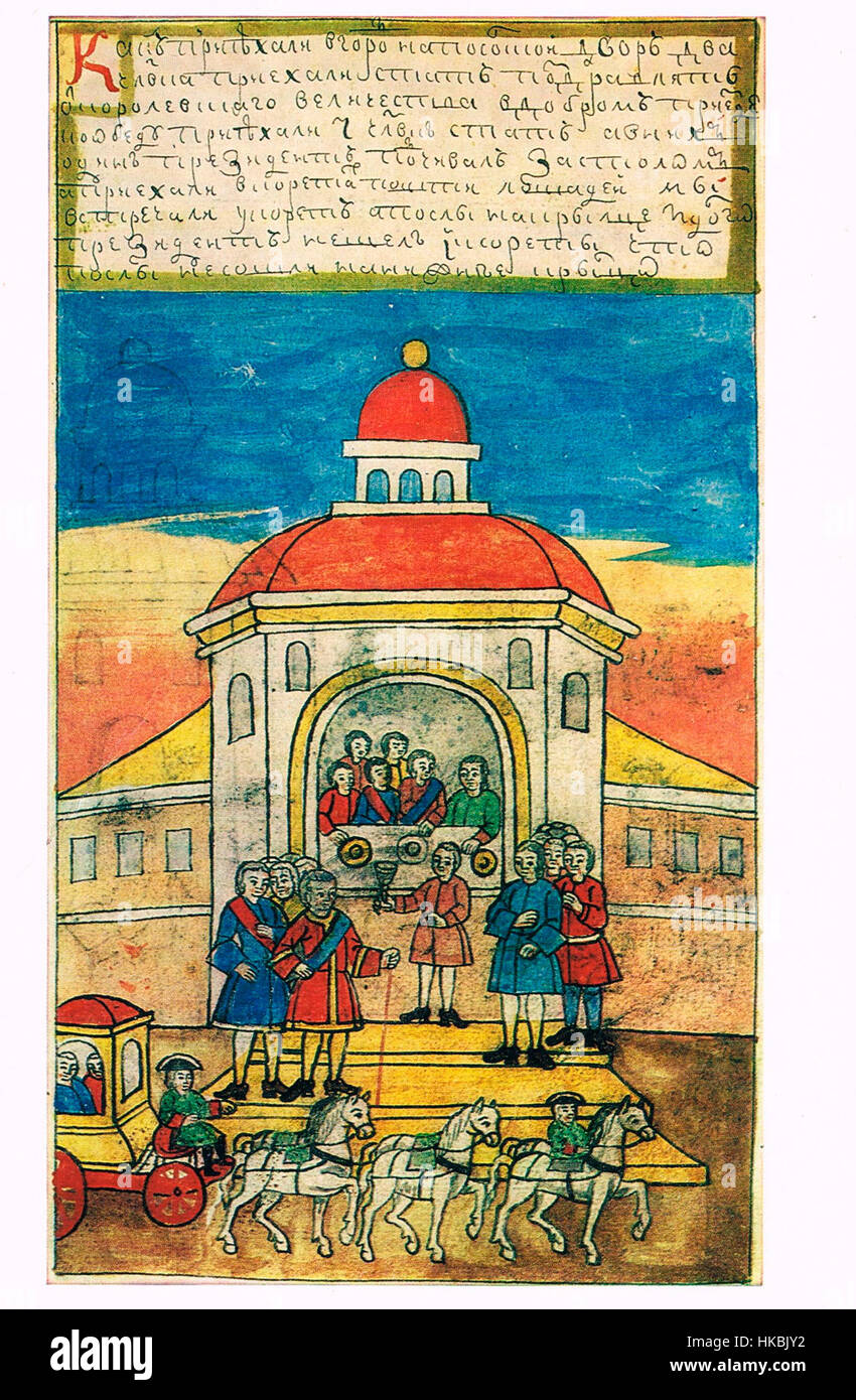 Questo dipinto raffigura un momento nella storia di Pietro i, noto anche come Pietro il grande, e dell'Ambasciata russa a l'Aia. La scena mostra la diplomazia dei primi anni del XVIII secolo e l'influenza russa in Europa, con abiti e ambientazioni adatti al periodo. Foto Stock