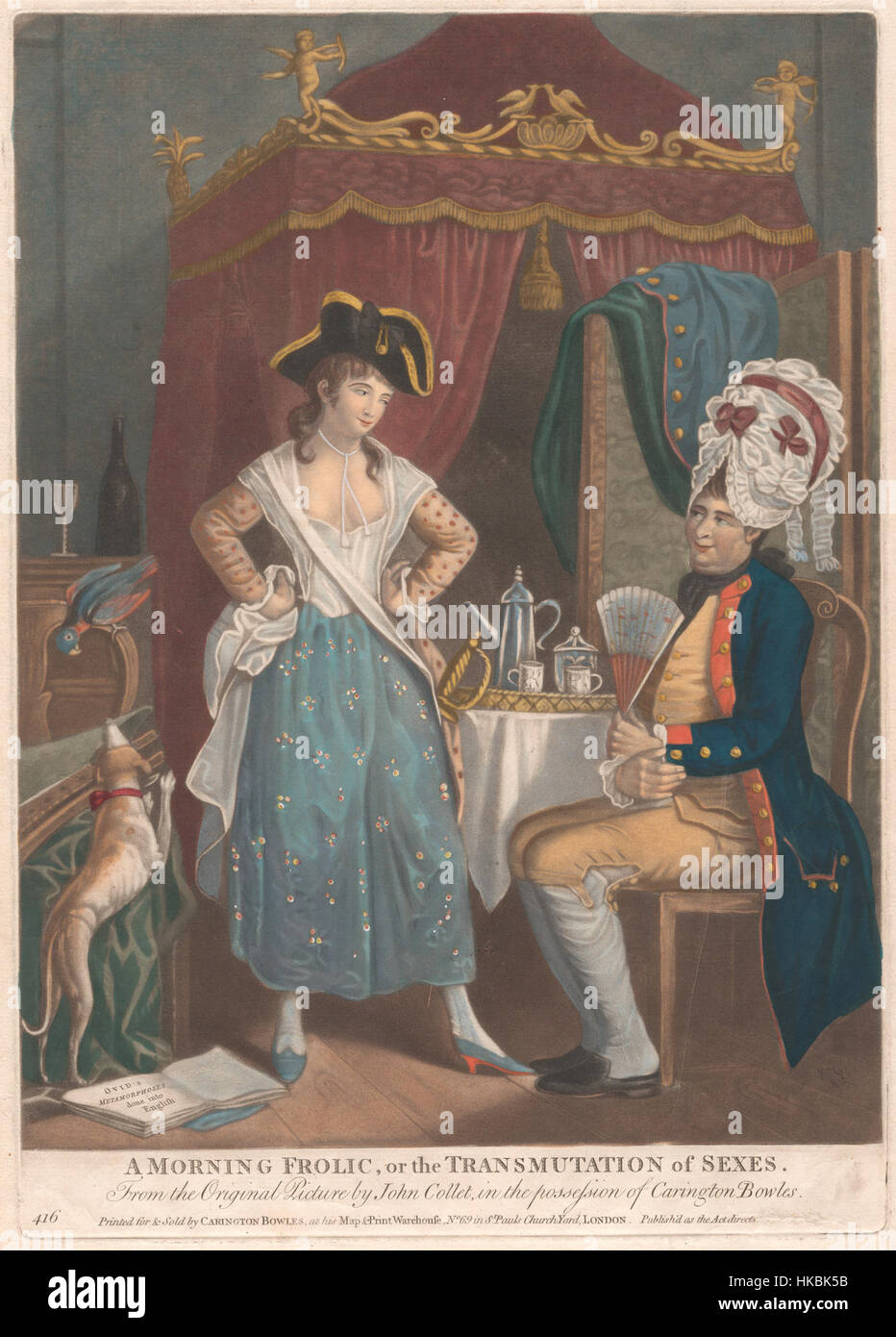 Questa opera d'arte giocosa e fantasiosa esplora temi di trasformazione e ruoli di genere, mostrando una scena stravagante della "trasmutazione dei sessi". Il dipinto presenta elementi allegorici, utilizzando un simbolismo leggero tipico dell'arte europea del XVIII secolo. Foto Stock