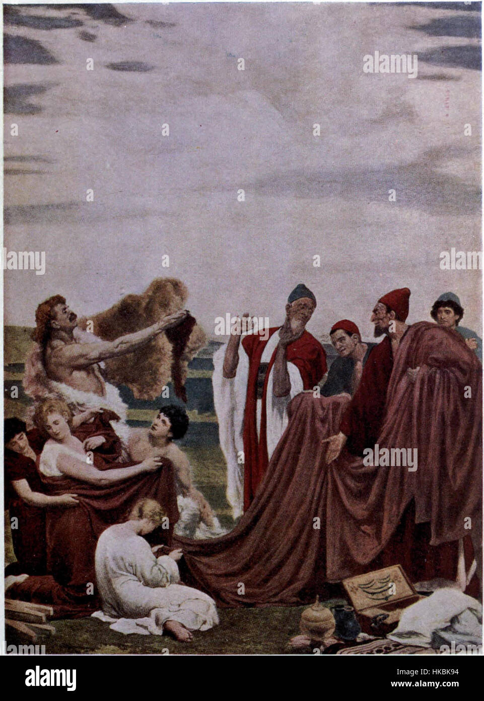 Questa opera raffigura i commercianti fenici sulla costa della Gran Bretagna, illustrando le antiche rotte commerciali tra il Mediterraneo e il nord Europa. I Fenici erano noti per il loro commercio marittimo, e questo dipinto evidenzia la loro interazione con la costa britannica durante l'antichità. Foto Stock