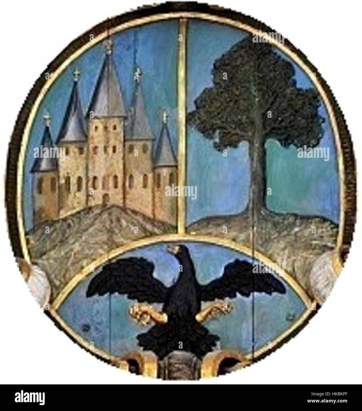 Questa immagine mostra il *Wappen am Hochaltar* della chiesa di San Giorgio a Goslar Grauhof. La pala d'altare, decorata con intricati simboli araldici, è un esempio chiave di arte religiosa medievale in Germania, che unisce l'iconografia cristiana a elementi culturali locali. Foto Stock