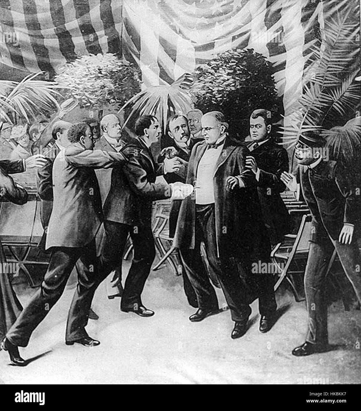 Un'opera d'arte storica che raffigura l'assassinio del presidente William McKinley, catturando il momento della storia. Il dipinto ritrae il tragico evento con una particolare attenzione alla precisione storica e all'impatto emotivo. Foto Stock