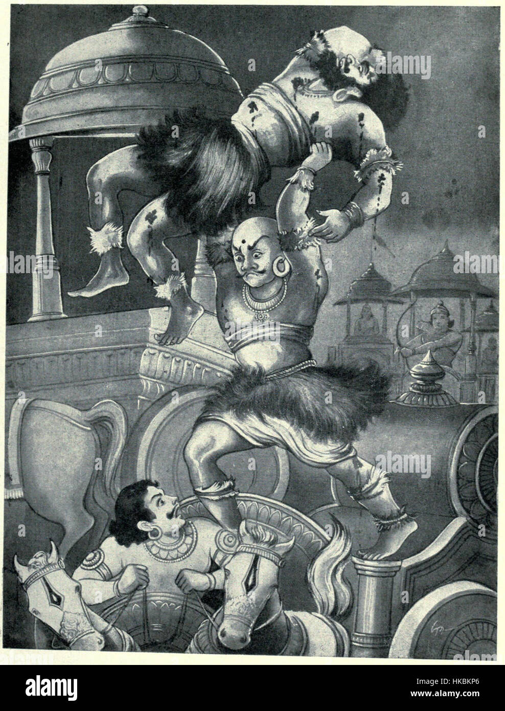 Questo dipinto raffigura la mitica battaglia in cui Ghatotkacha sconfigge il demone Alambusha, basato sul poema epico indù Mahabharata, che illustra il potere e l'eroismo di Ghatotkacha nella narrazione epica. Foto Stock