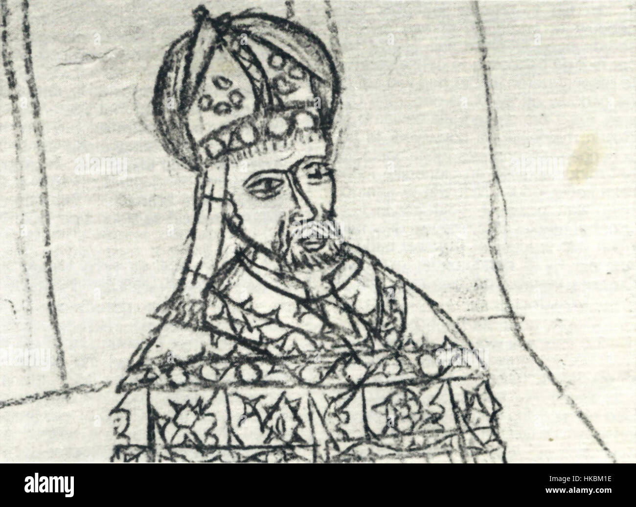 Questo carboncino del tardo XV secolo raffigura la statua di San Servaas, situata nelle grotte di Caestert, in Belgio. L'opera mette in risalto lo stile artistico del periodo, riflettendo il significato religioso della statua nella regione durante il Medioevo. Foto Stock