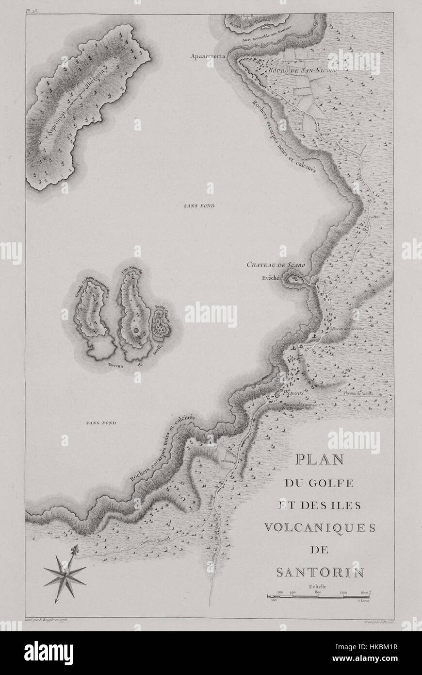 Questa mappa, "Plan du golfe et des iles vulcaniques de Santorin", del 1782 di Gabriel Florent Auguste De Choiseul-Gouffier, illustra le isole vulcaniche di Santorini in Grecia. La mappa evidenzia la topografia e le formazioni vulcaniche della regione durante il XVIII secolo. Foto Stock